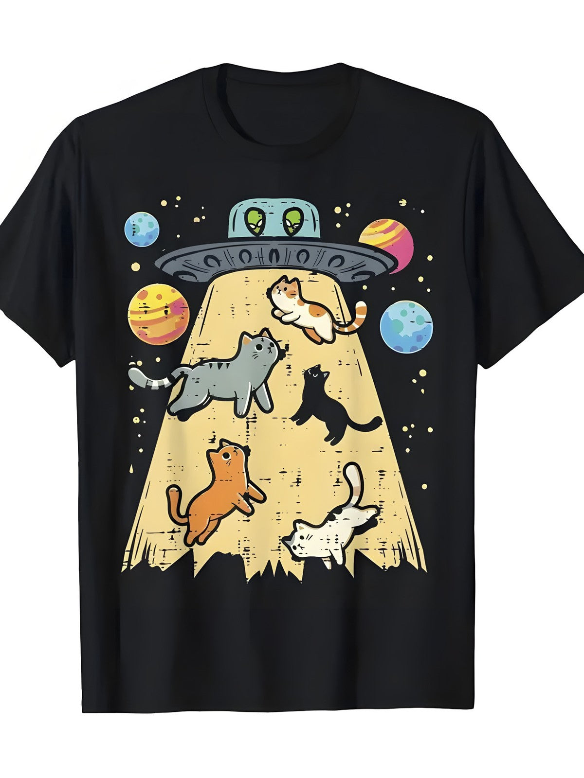Retro UFO Cat Abduction Colorful Planets Alien Eyes Sci-Fi Casual Gift UnisexTee