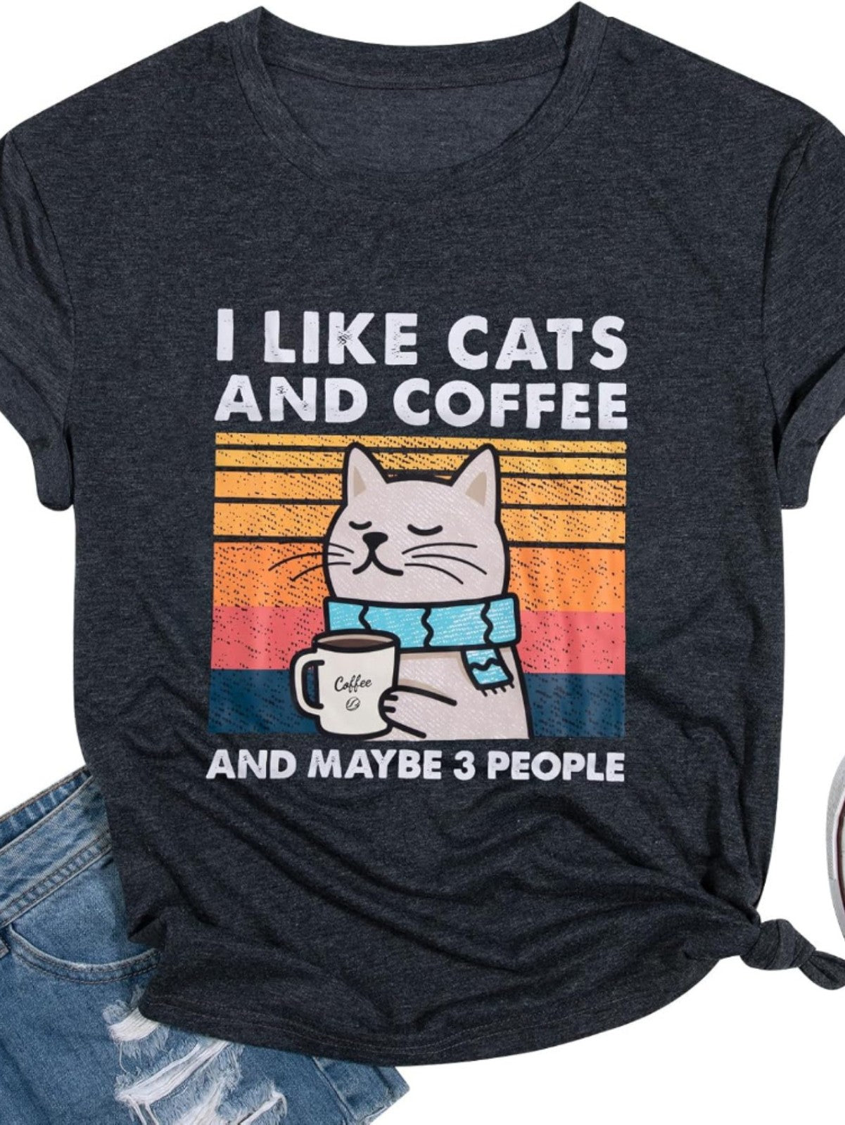 Cats Coffee Summer ShortSleeve Round Neck Casual Playful Everyday Gift UnisexTee