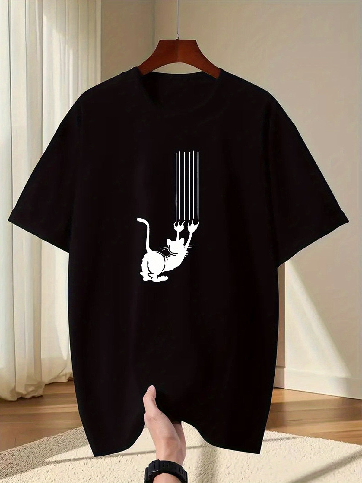 Cute Cat Playing With Strings Print Kitten Summer Casual Round Neck Unisex Tee