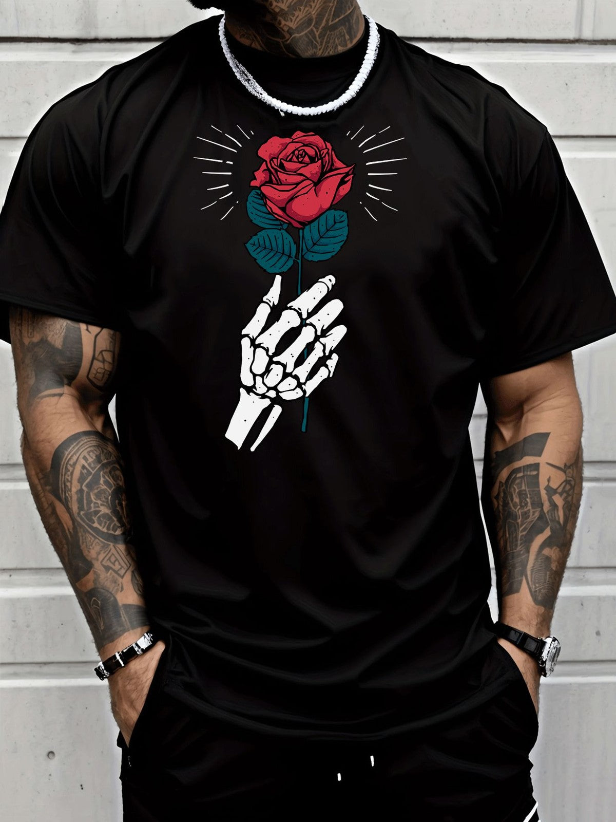 Men's Fashion Casual Trendy Black T - Shirt with Skeleton Hand