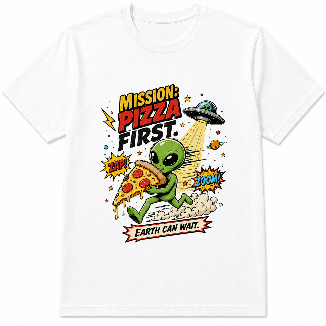 Alien Pizza Retro Comic Space UFO Sci-Fi Cartoon Funny Casual Gift Unisex Tee