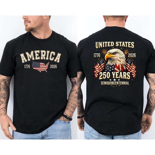 Men's USA 250th Anniversary American Flag Graphic T-Shirt Men's Patriotic Bald Eagle Front & Back Casual Tee