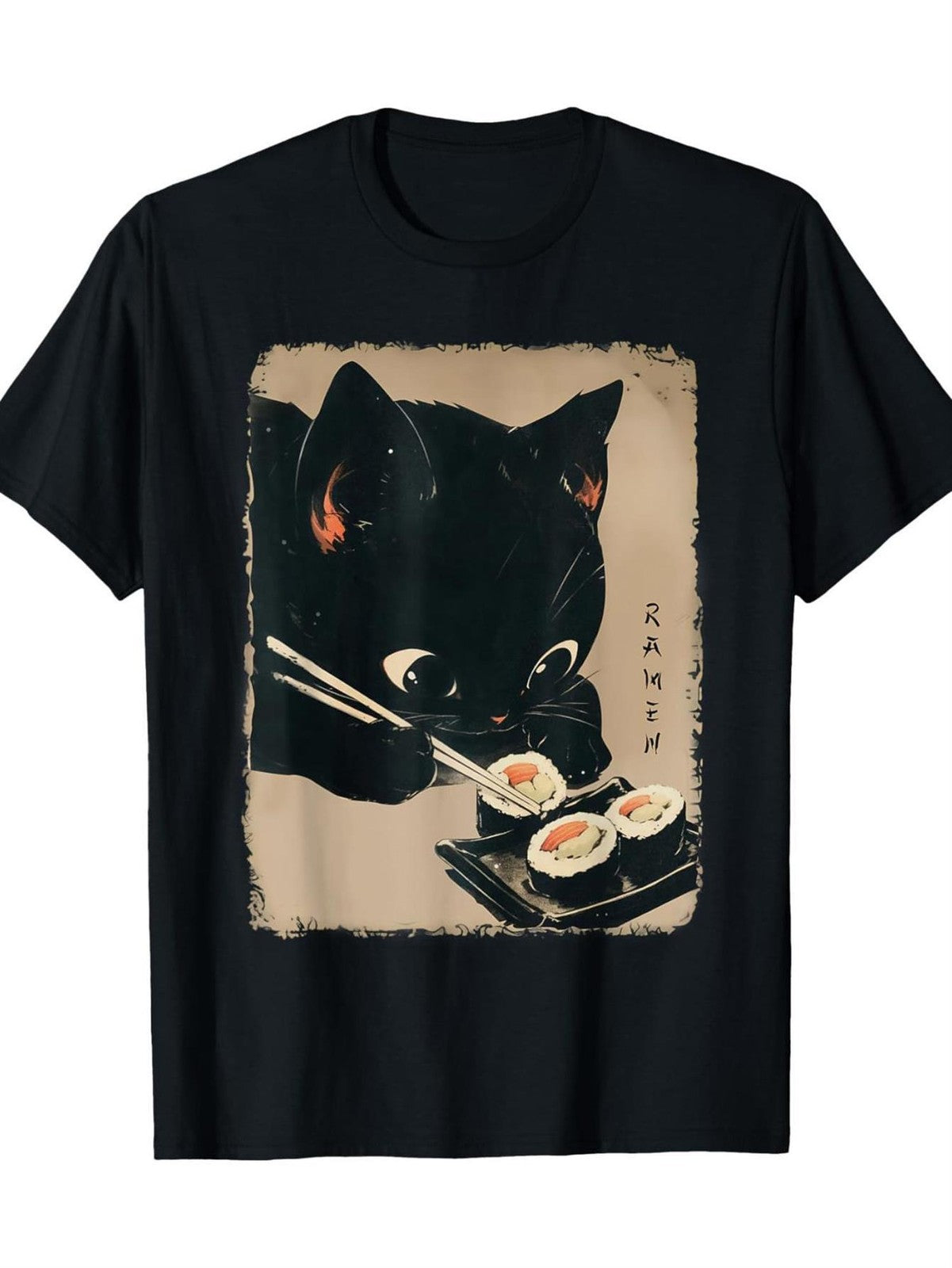Kawaii Japanese Anime Cat Eating Sushi Mochi Roll Chopsticks Cute Gift UnisexTee