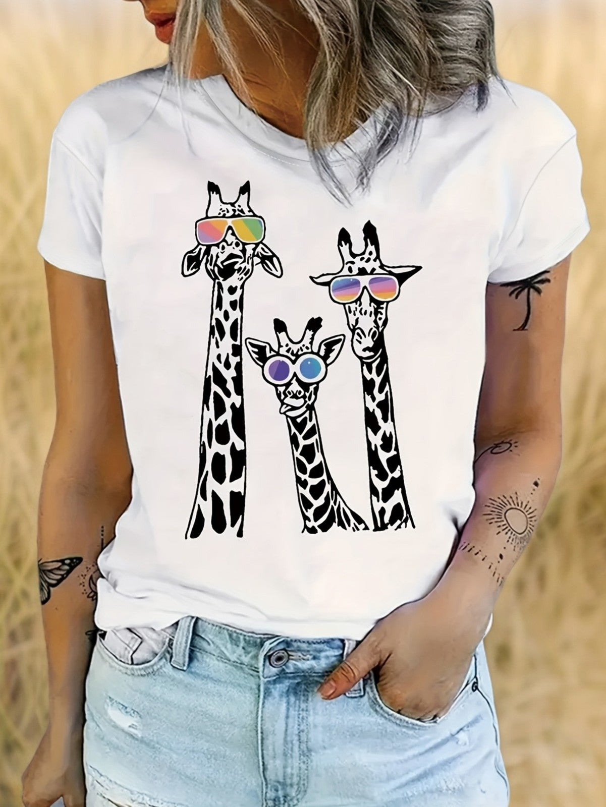 Giraffe Print Glasses Crew Neck Casual Short Sleeve Cotton Gift Unisex Tee