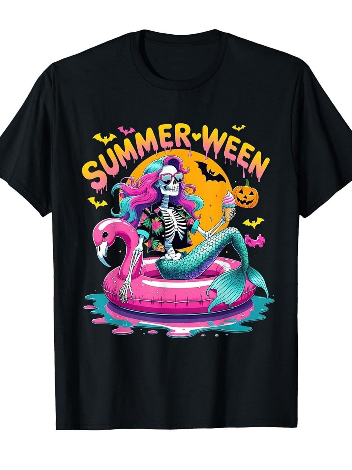 Summerween Spooky Mermaid Skeleton Halloween Cute Trendy Casual Gift Unisex Tee