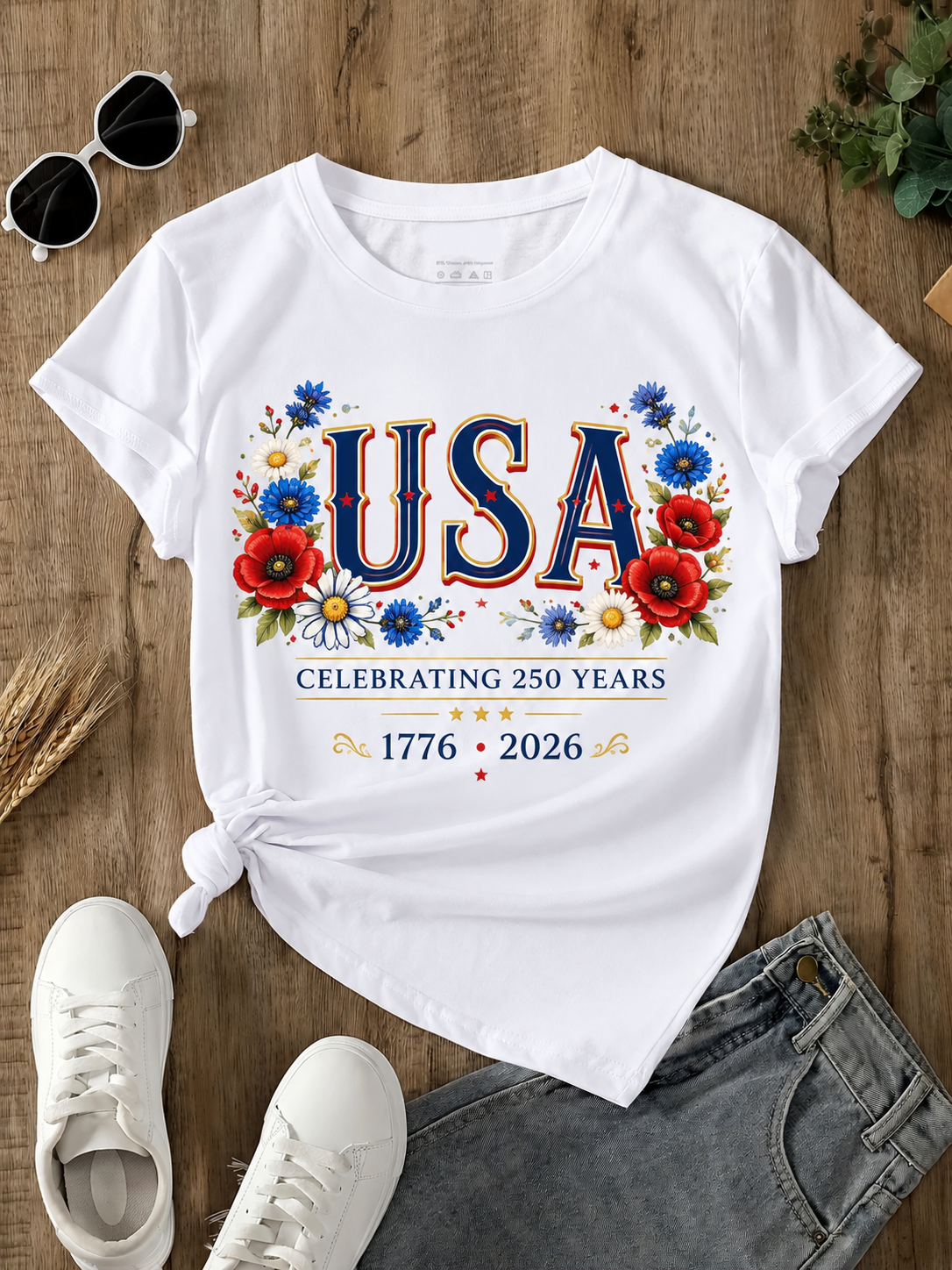 USA 250 Years Floral Patriotic 1776 2026 Independence 4th July Flower Unisex Tee
