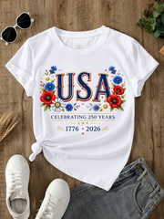 USA 250 Years Floral Patriotic 1776 2026 Independence 4th July Flower Unisex Tee