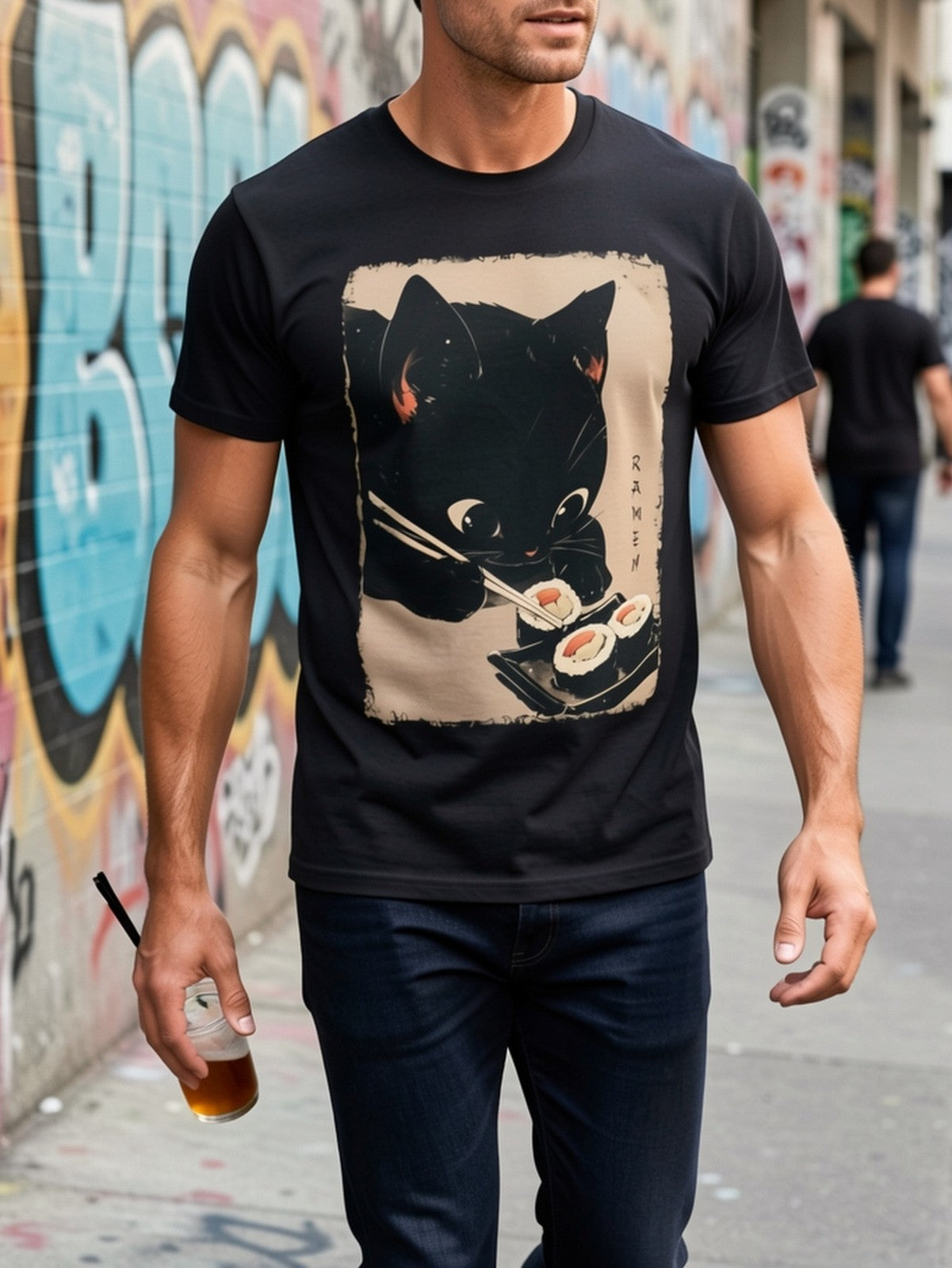 Kawaii Japanese Anime Cat Eating Sushi Mochi Roll Chopsticks Cute Gift UnisexTee