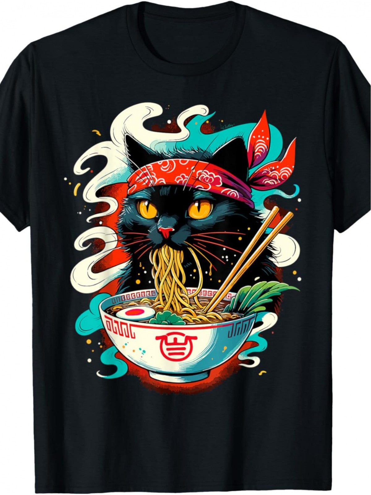 Cat Ramen Japanese Animation Cute Crew Neck Letter Print Soft Touch Unisex Tee