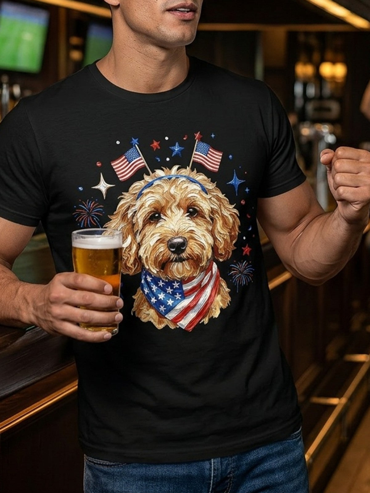Retro Golden Doodle Patriotic 4th July Dog Lover Casual Gift Summer Unisex Tee