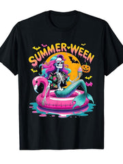 Summerween Spooky Mermaid Skeleton Halloween Cute Trendy Casual Gift Unisex Tee