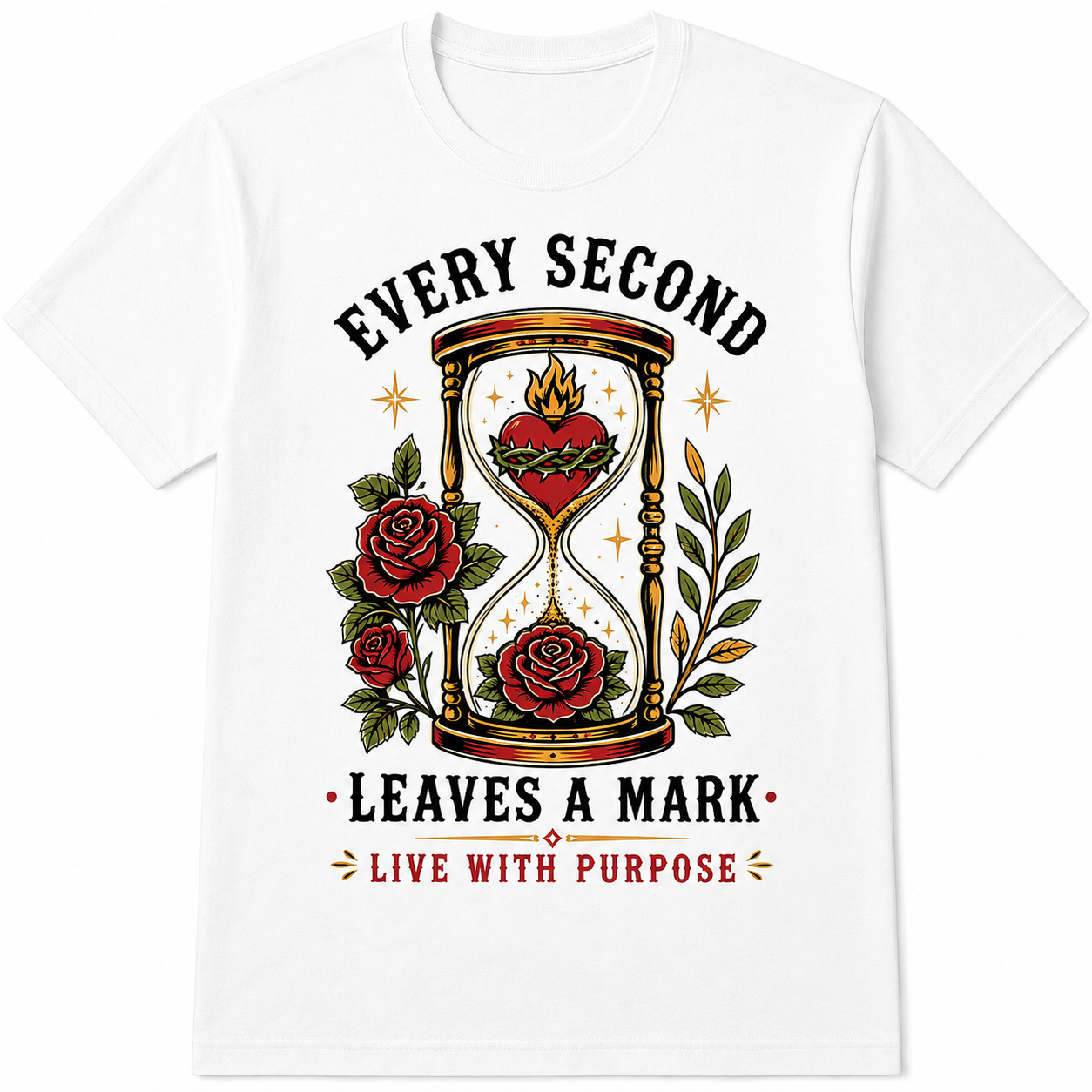 Vintage Hourglass Every Second Leaves Mark Gothic Tattoo Rose Retro Unisex Tee