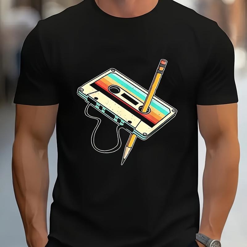 Men's Retro Cassette Tape Nostalgic Graphic T-Shirt Men's 80s Music Vintage Inspired Casual Tee