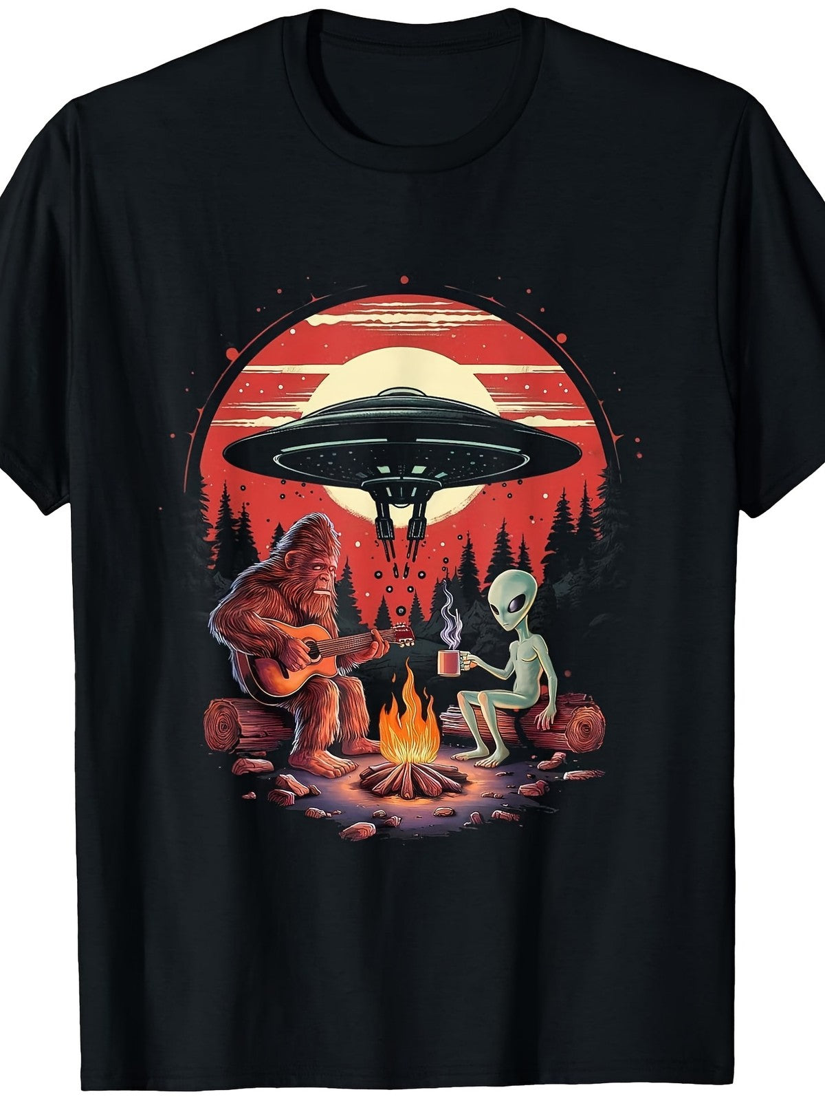 Alien Campfire Sasquatch UFO Retro Cryptid Outdoor Camping Gift Casual UnisexTee