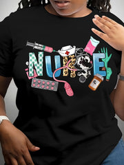 Cartoon Nurse Letter Print Plus Size Casual Spring Summer Trendy Gift Unisex Tee