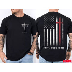 Faith Over Fear Cross Christian USA Flag American Jesus Double-Sided T-Shirt