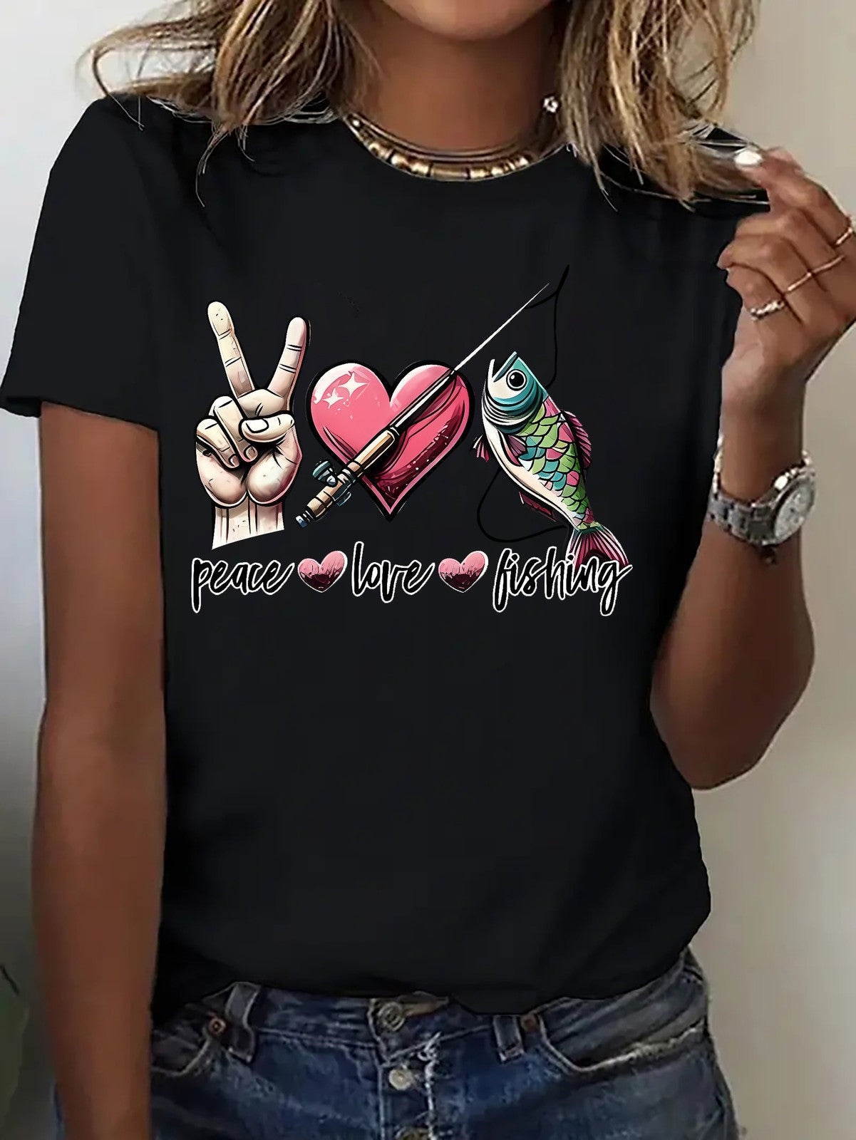 Men's "Peace Love Fishing" Graphic T-Shirt Men's Outdoor Hobby Casual Statement Tee