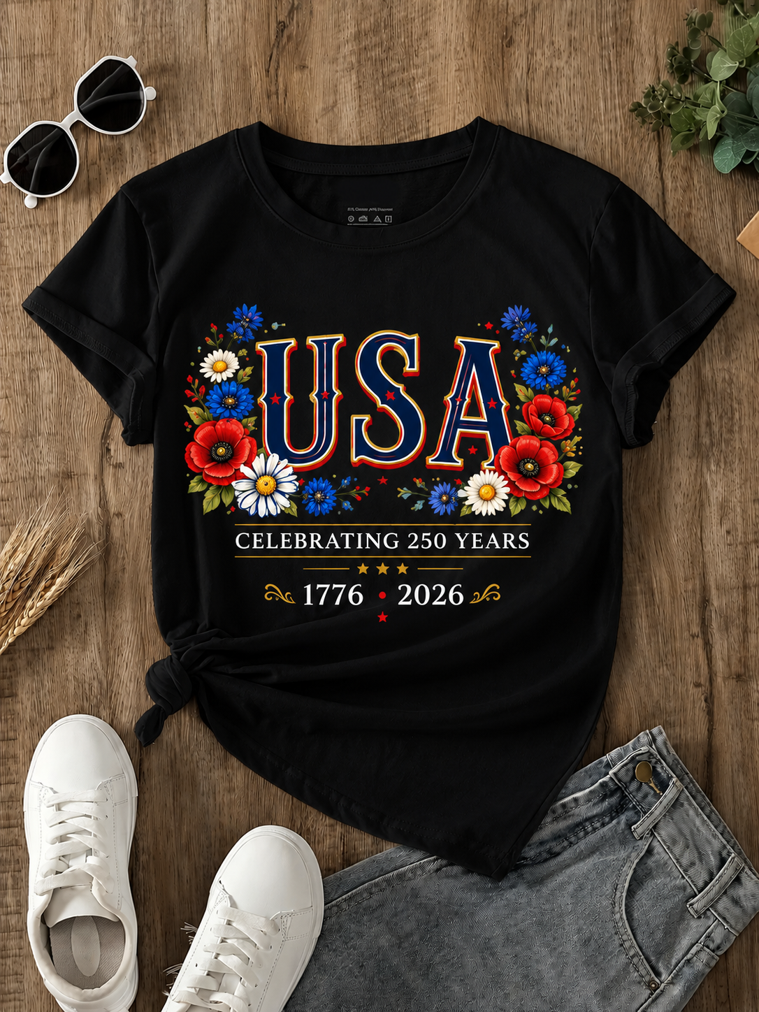 USA 250 Years Floral Patriotic 1776 2026 Independence 4th July Flower Unisex Tee