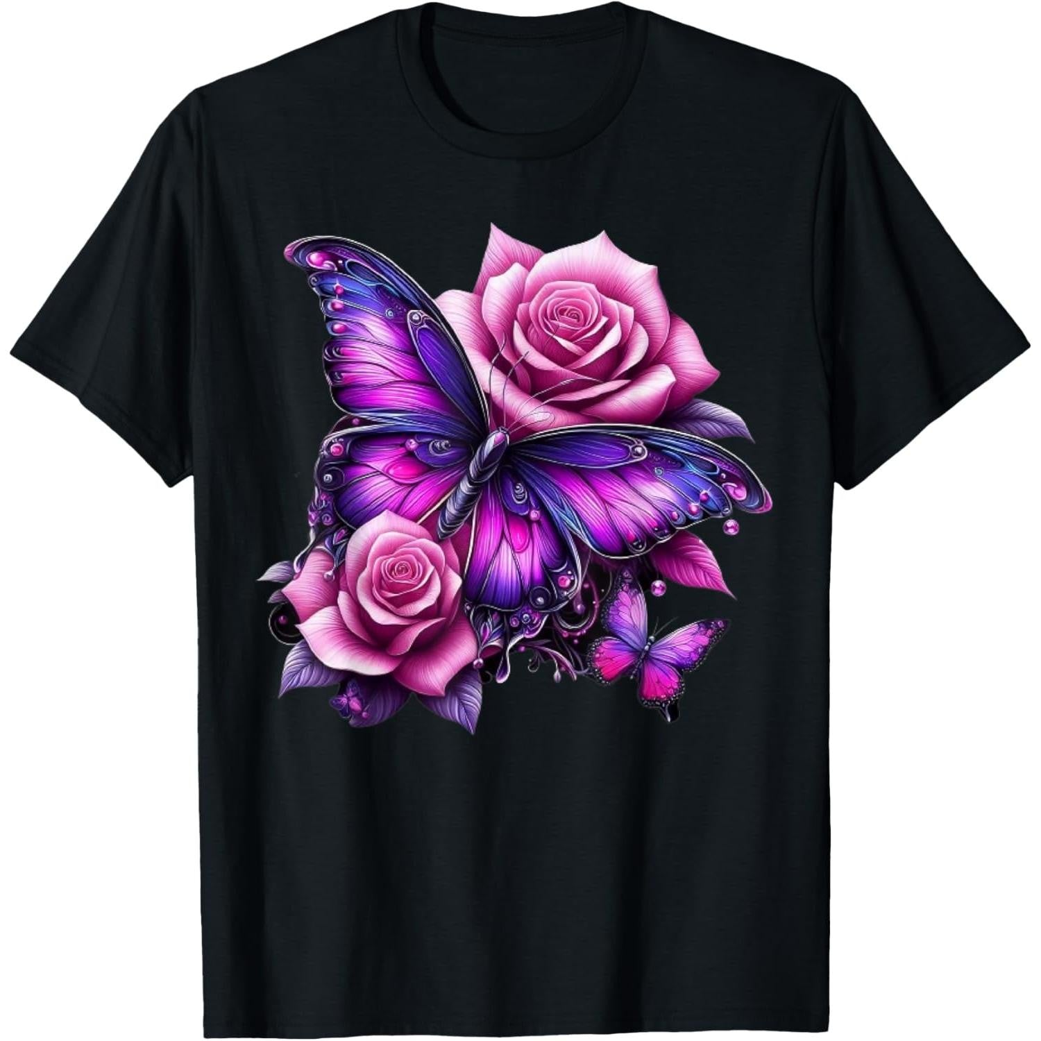 Purple Butterfly Rose Graphic T-Shirt Beautiful Floral Unisex Nature Lover Tee