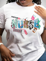 Cartoon Nurse Letter Print Plus Size Casual Spring Summer Trendy Gift Unisex Tee