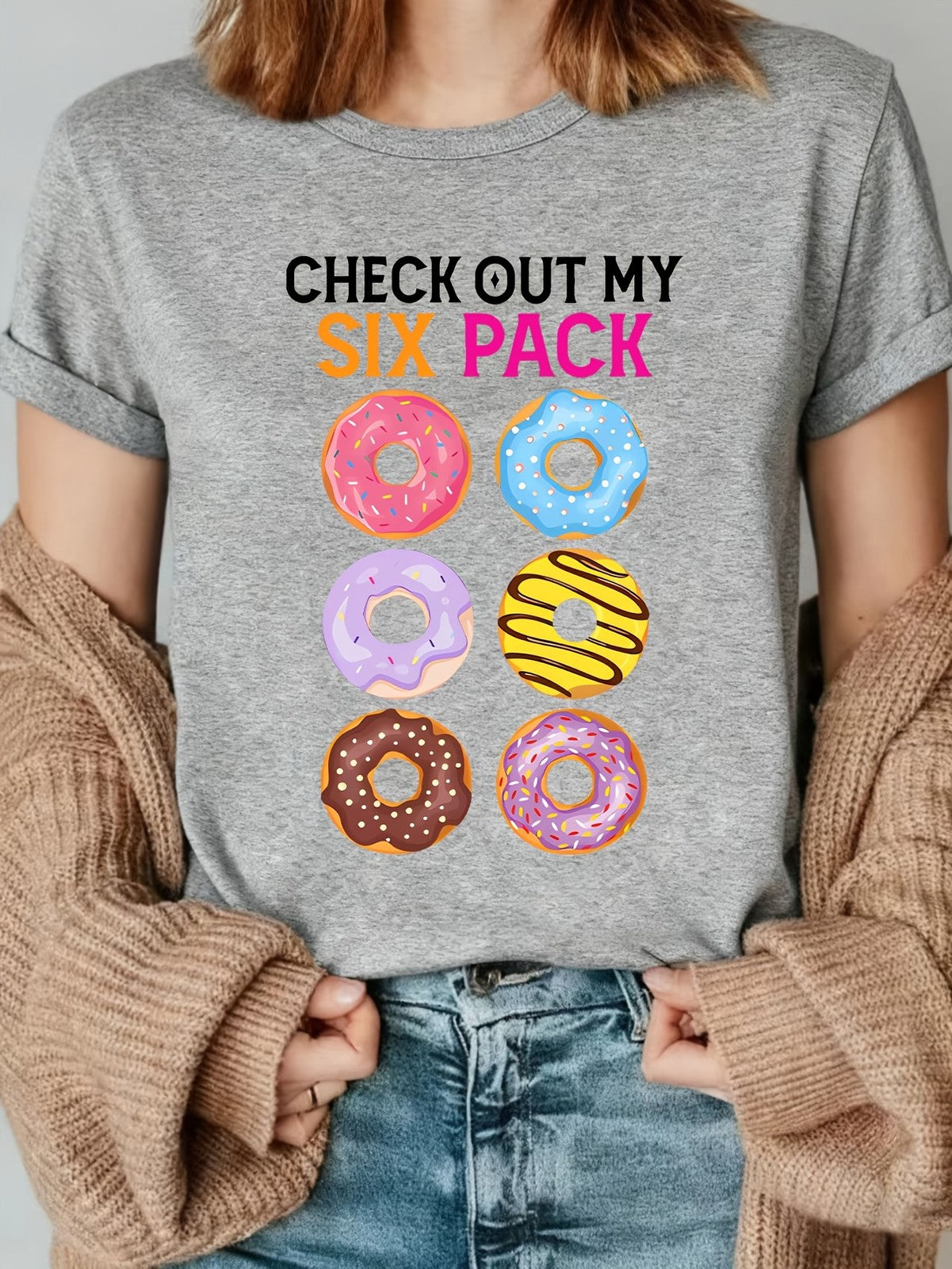 Six Pack Donut Funny Gym Foodie Humor Summer Casual Loose Gift Unisex Tee