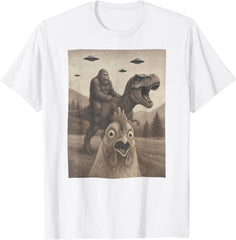 Funny Bigfoot Riding Dinosaur UFO T-Shirt - Retro Weird Chicken Selfie Tee