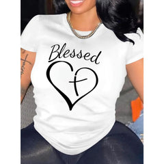 Blessed Heart & Cross Print T-Shirt, Short Sleeve Tee for Valentine's Day Gifts