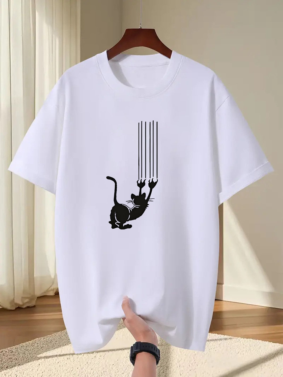 Cute Cat Playing With Strings Print Kitten Summer Casual Round Neck Unisex Tee