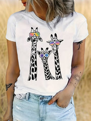 Giraffe Print Glasses Crew Neck Casual Short Sleeve Cotton Gift Unisex Tee