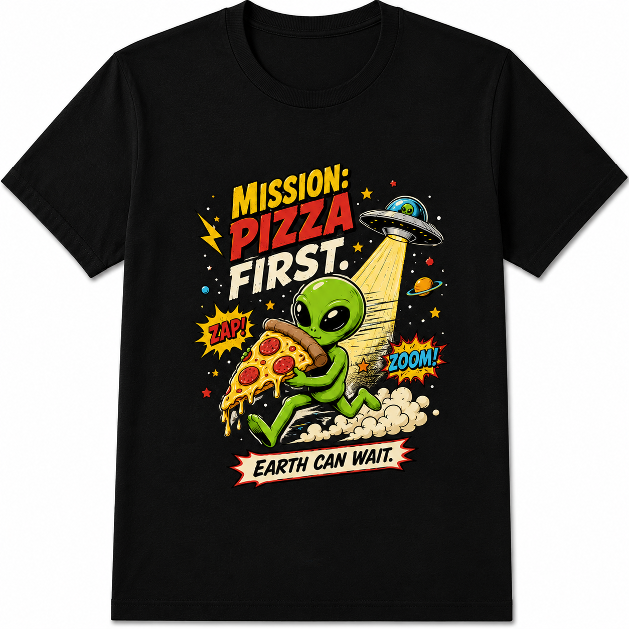Alien Pizza Retro Comic Space UFO Sci-Fi Cartoon Funny Casual Gift Unisex Tee