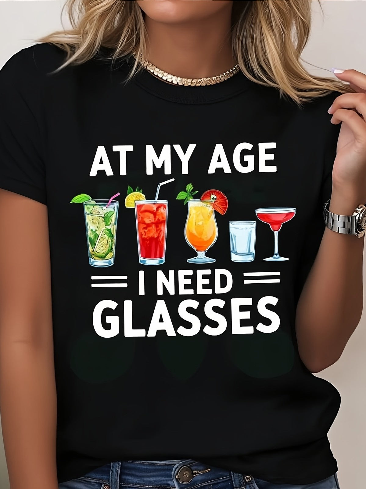 At My Age Need Glasses Cocktail Martini Funny Oversized Summer Casual Unisex Tee