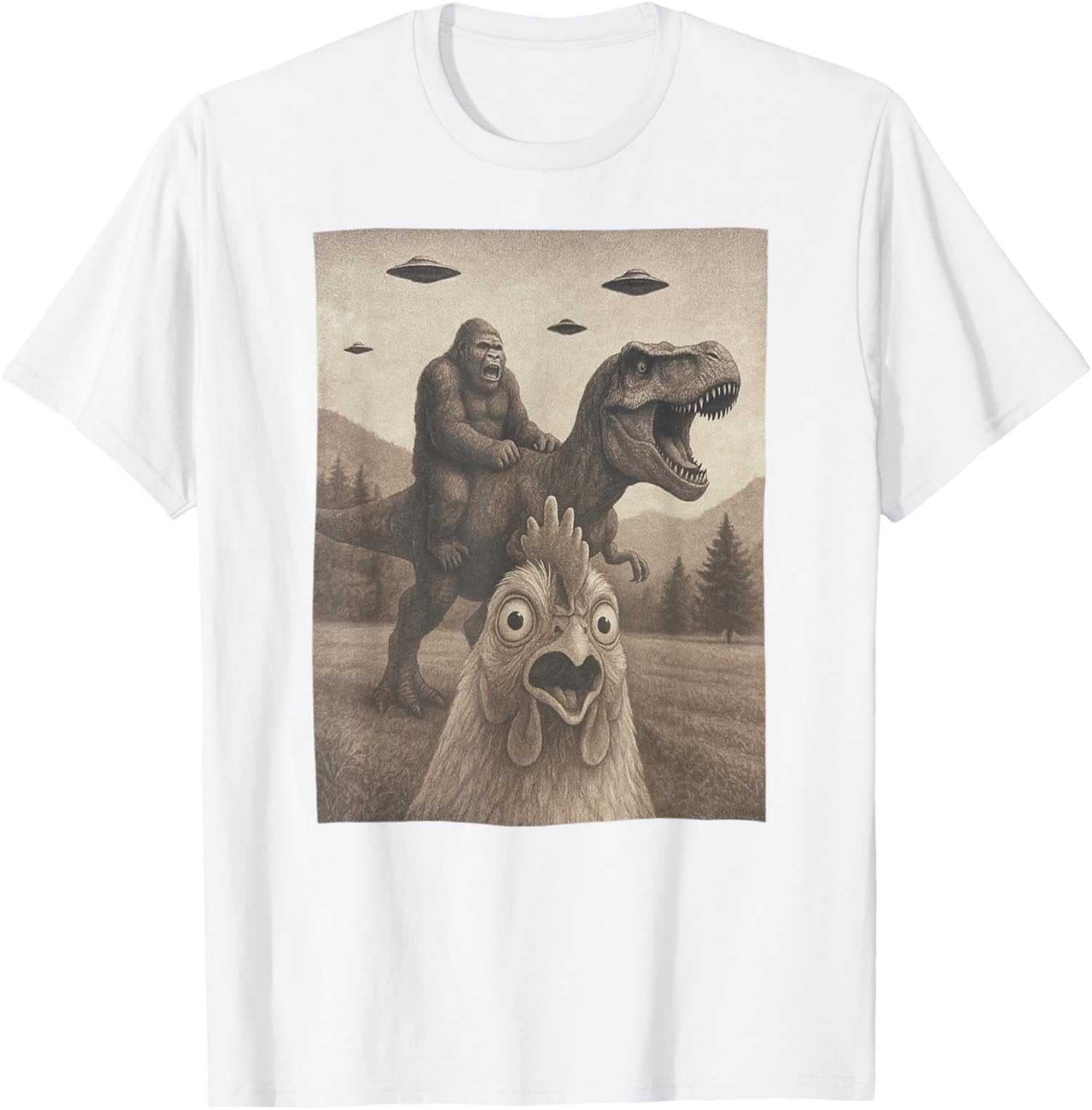 Funny Bigfoot Riding Dinosaur UFO T-Shirt - Retro Weird Chicken Selfie Tee