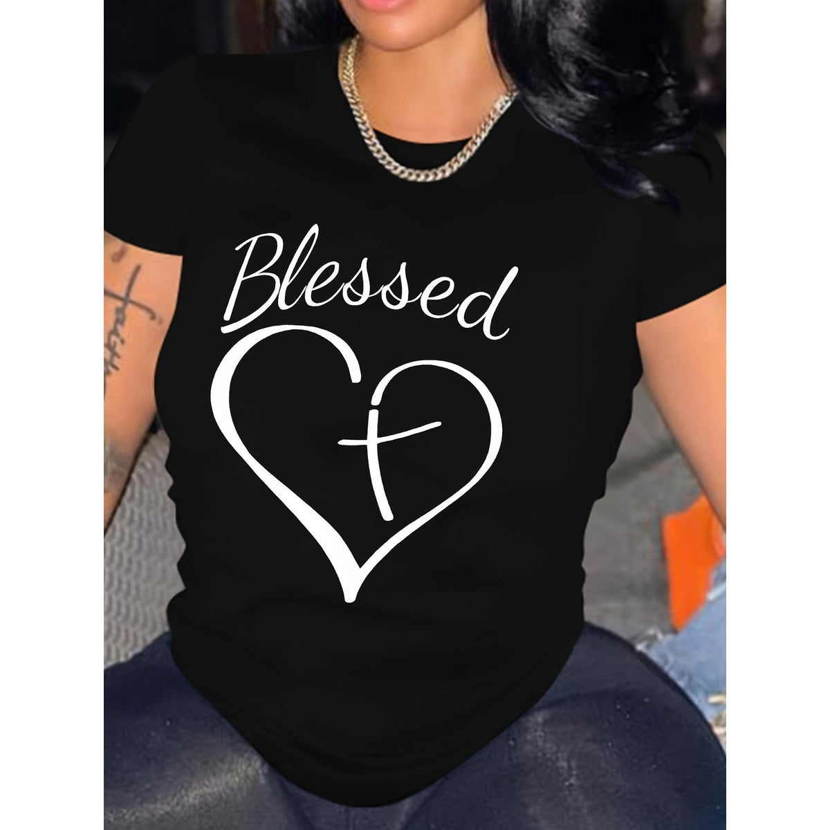 Blessed Heart & Cross Print T-Shirt, Short Sleeve Tee for Valentine's Day Gifts