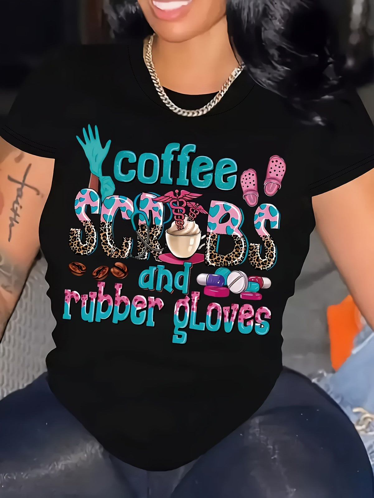 Coffee And Rubber Gloves Letter Print Casual Spring Summer Gift Unisex Tee
