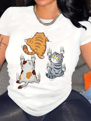 Cute Cat Print Round Neck Sport Running Activewear Fall Winter Gift Unisex Tee
