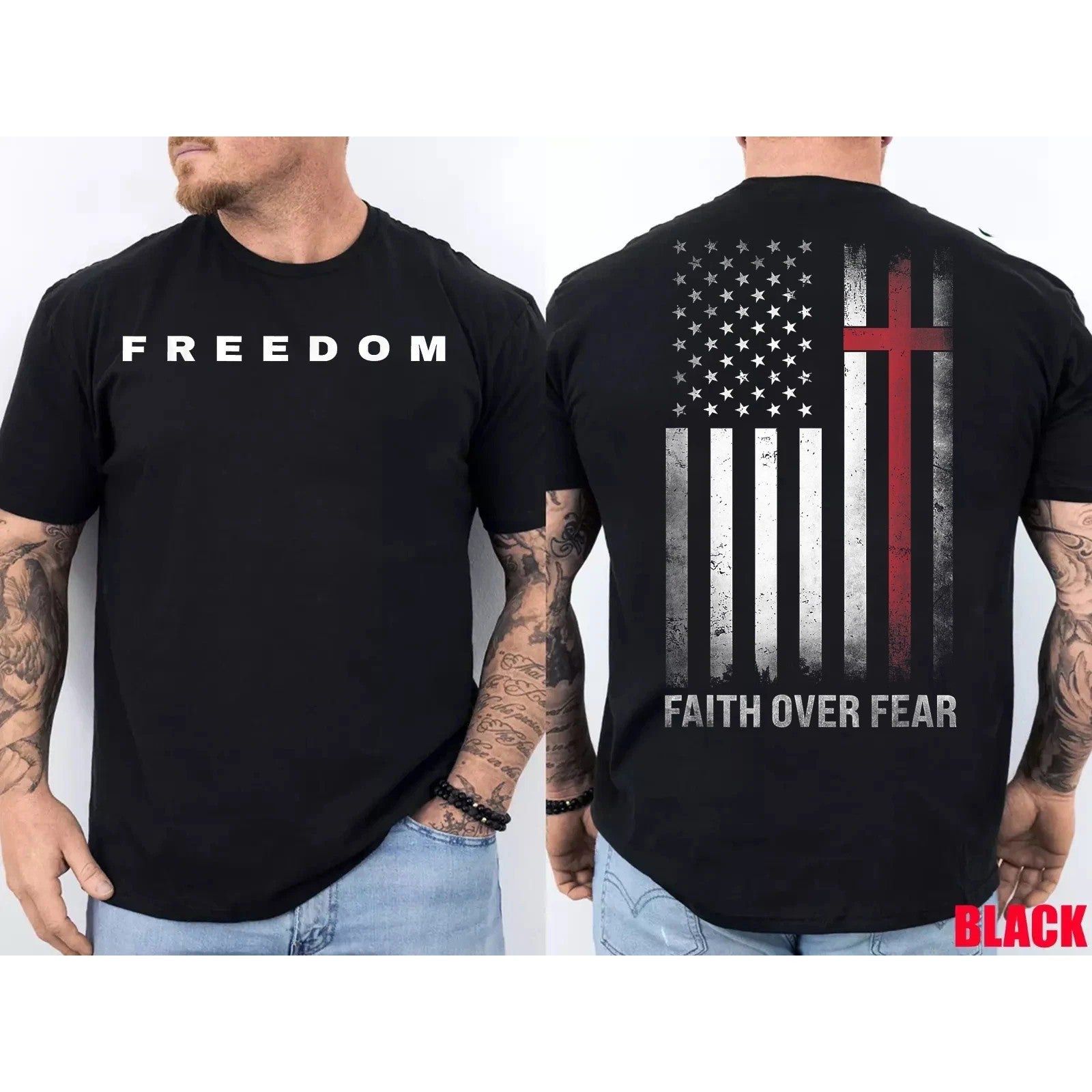 2-Sided Freedom Christian USA Flag Faith Over Fear T-Shirt