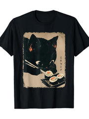 Kawaii Japanese Anime Cat Eating Sushi Mochi Roll Chopsticks Cute Gift UnisexTee