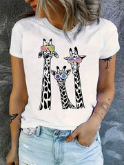 Giraffe Print Glasses Crew Neck Casual Short Sleeve Cotton Gift Unisex Tee