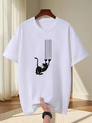 Cute Cat Playing With Strings Print Kitten Summer Casual Round Neck Unisex Tee