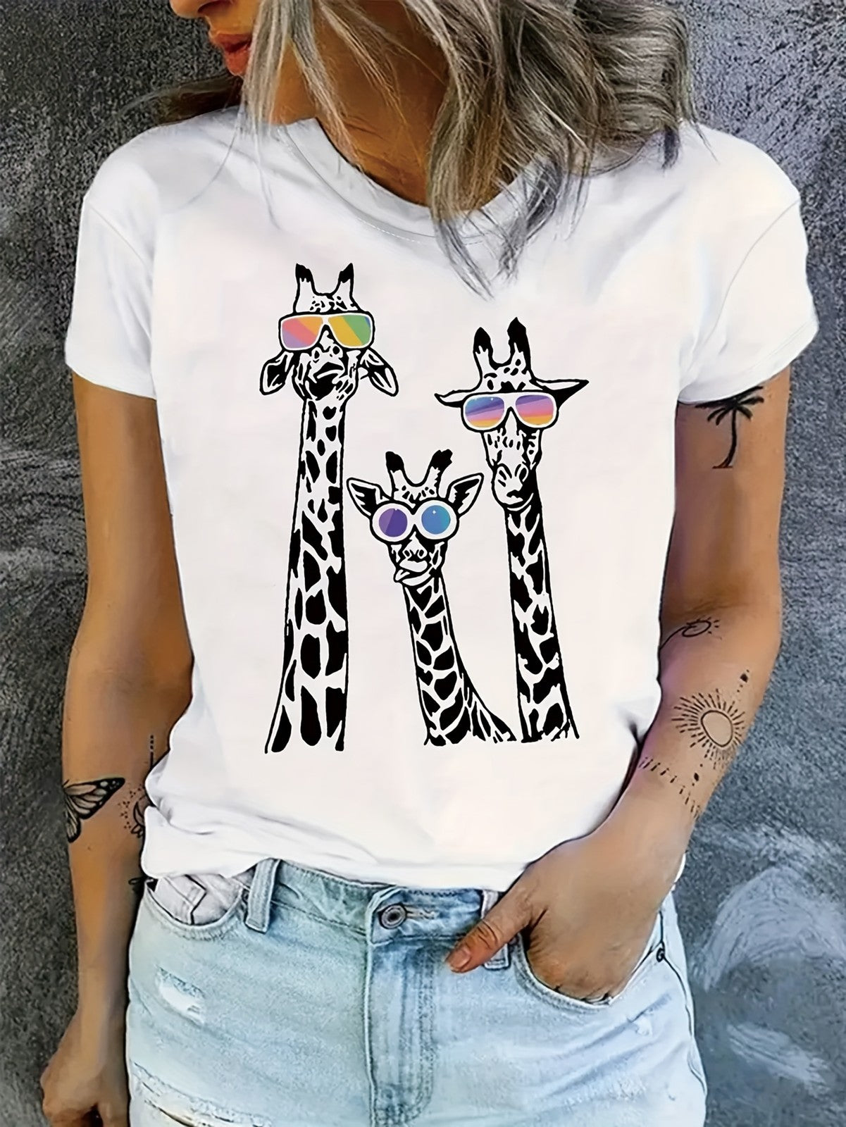 Giraffe Print Glasses Crew Neck Casual Short Sleeve Cotton Gift Unisex Tee