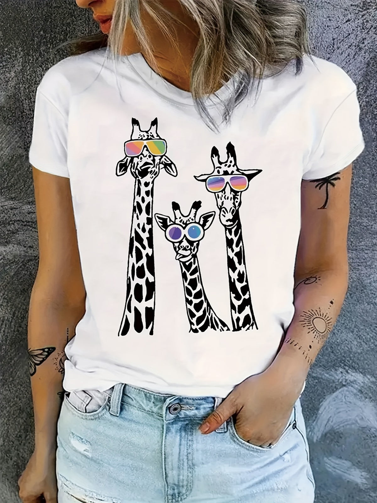 Giraffe Print Glasses Crew Neck Casual Short Sleeve Cotton Gift Unisex Tee