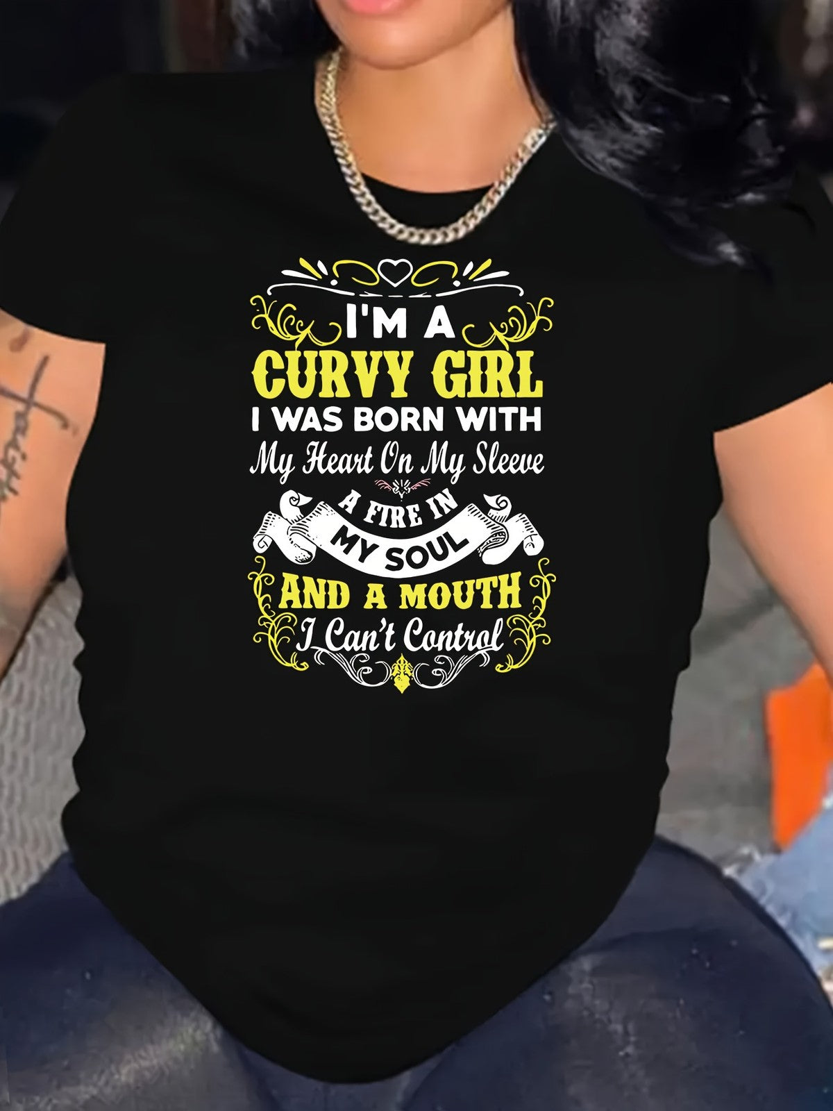 Curvy Girl Heart Sleeve Fire Soul Mouth Control Sassy Plus Size Gift Unisex Tee