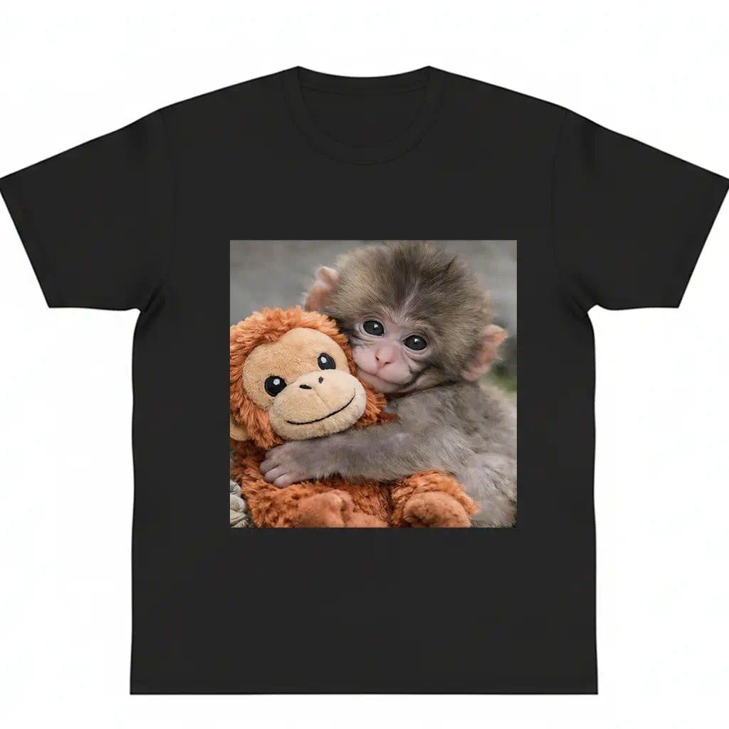 Adorable Baby Monkey Hugging Plush Toy T-Shirt Animal Lover Gift