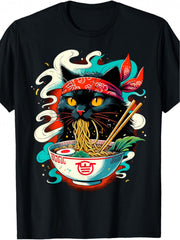 Cat Ramen Japanese Animation Cute Crew Neck Letter Print Soft Touch Unisex Tee