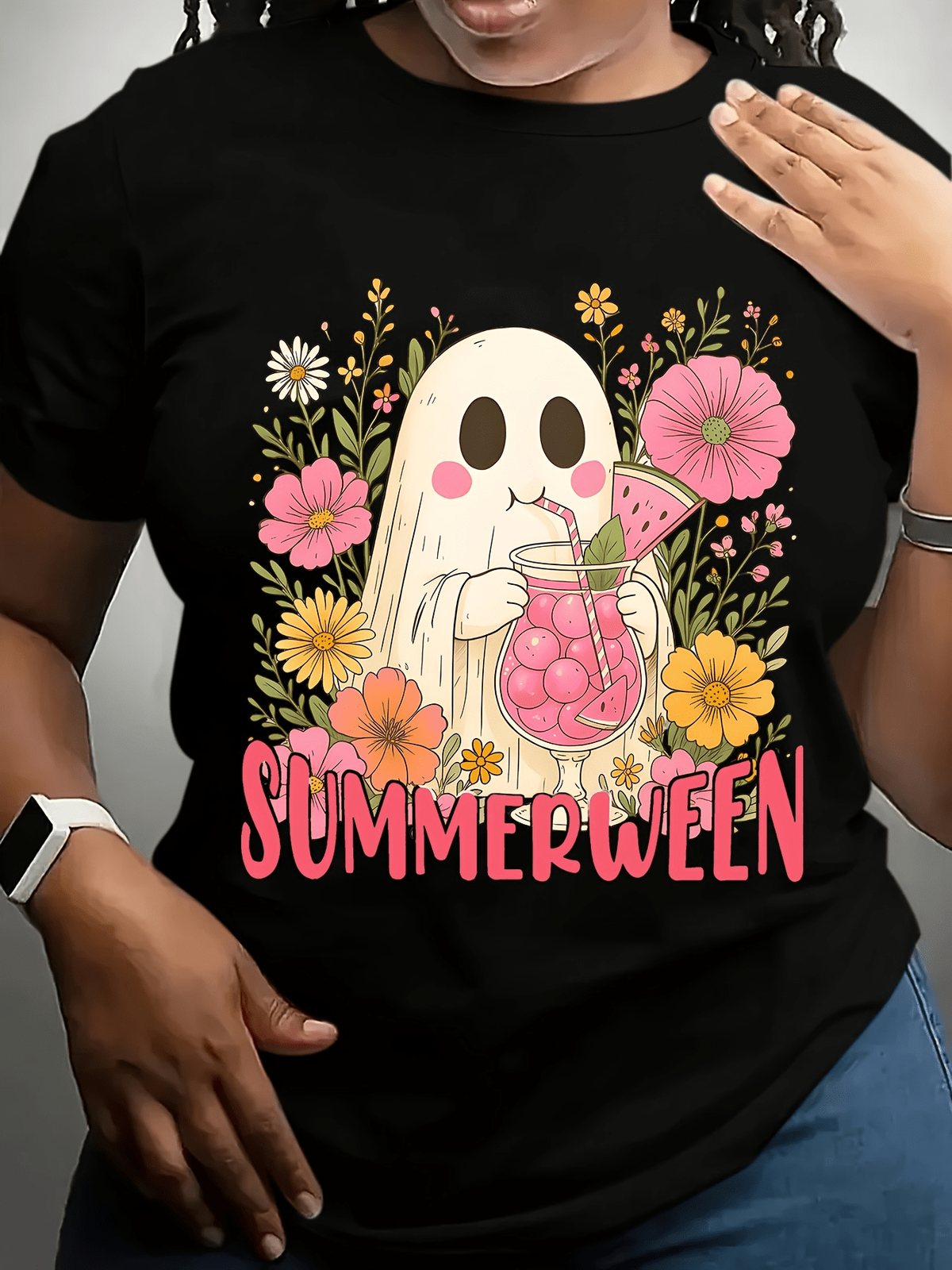 Summerween Pink Drink Floral Spooky Retro Halloween Cute Casual Gift Unisex Tee
