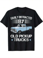 Easily Distracted Old Pickup Vintage Blue Truck Slogan Outdoor Casual Unisex Tee