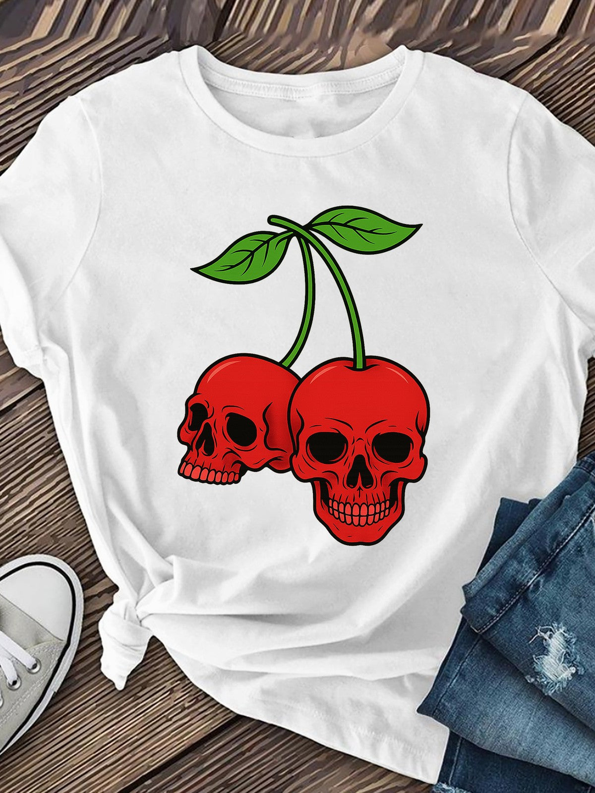 Skull Cherry Print Cute Edgy Summer Casual Short Sleeve Trendy Gift Unisex Tee