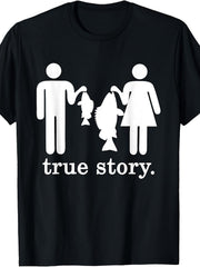 Small Fish Big Fish True Story Funny Fishing Lie Graphic Tee for Men Women, Angler Humor Short Sleeve T-Shirt, Casual Crew Neck Top for Fisherman Gift