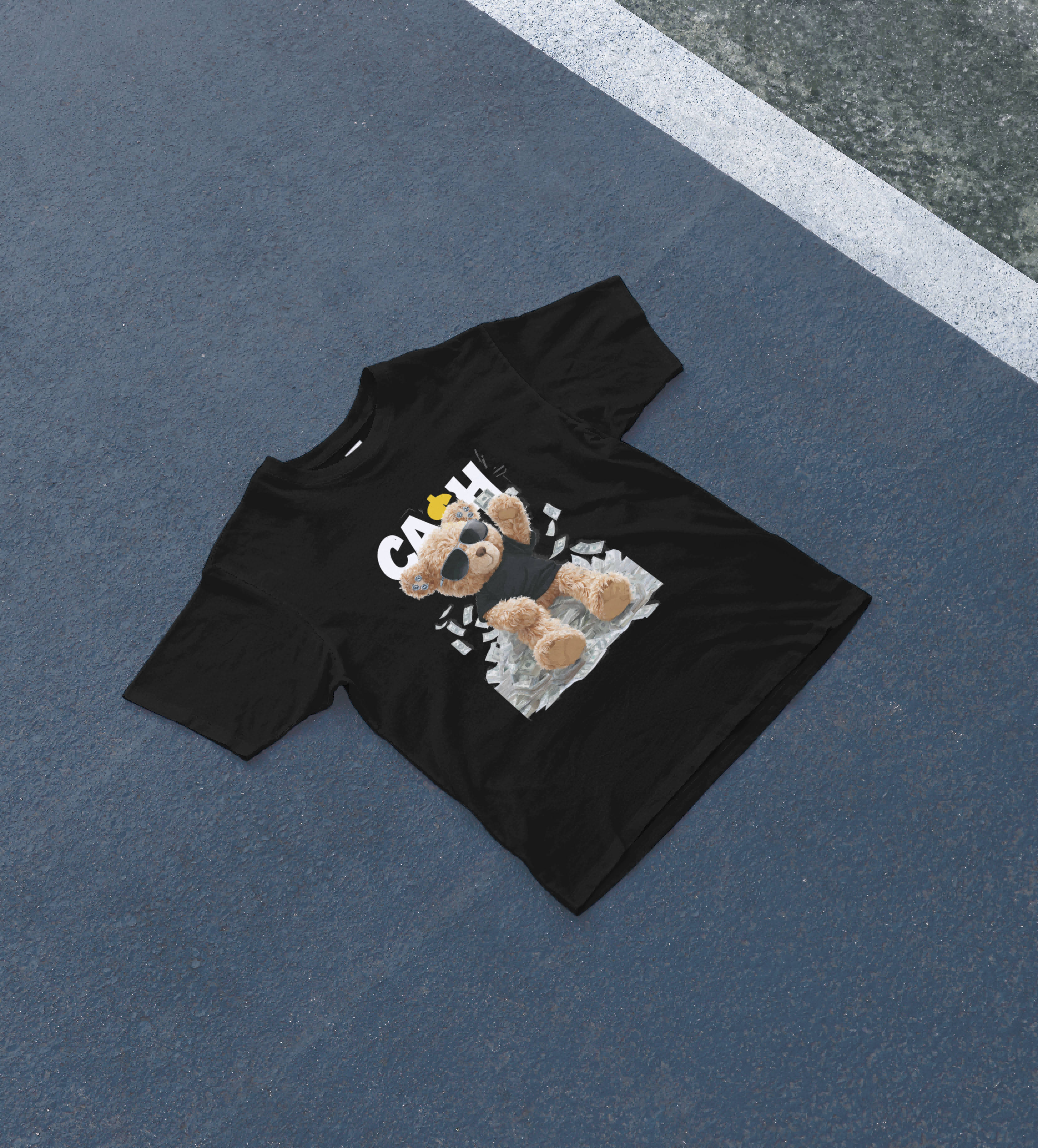 DIYANYONE Original "CASH KING" Teddy Bear Cotton Graphic T-Shirt - Urban Streetwear Style, Anti-Establishment "No King in American" Statement Tee