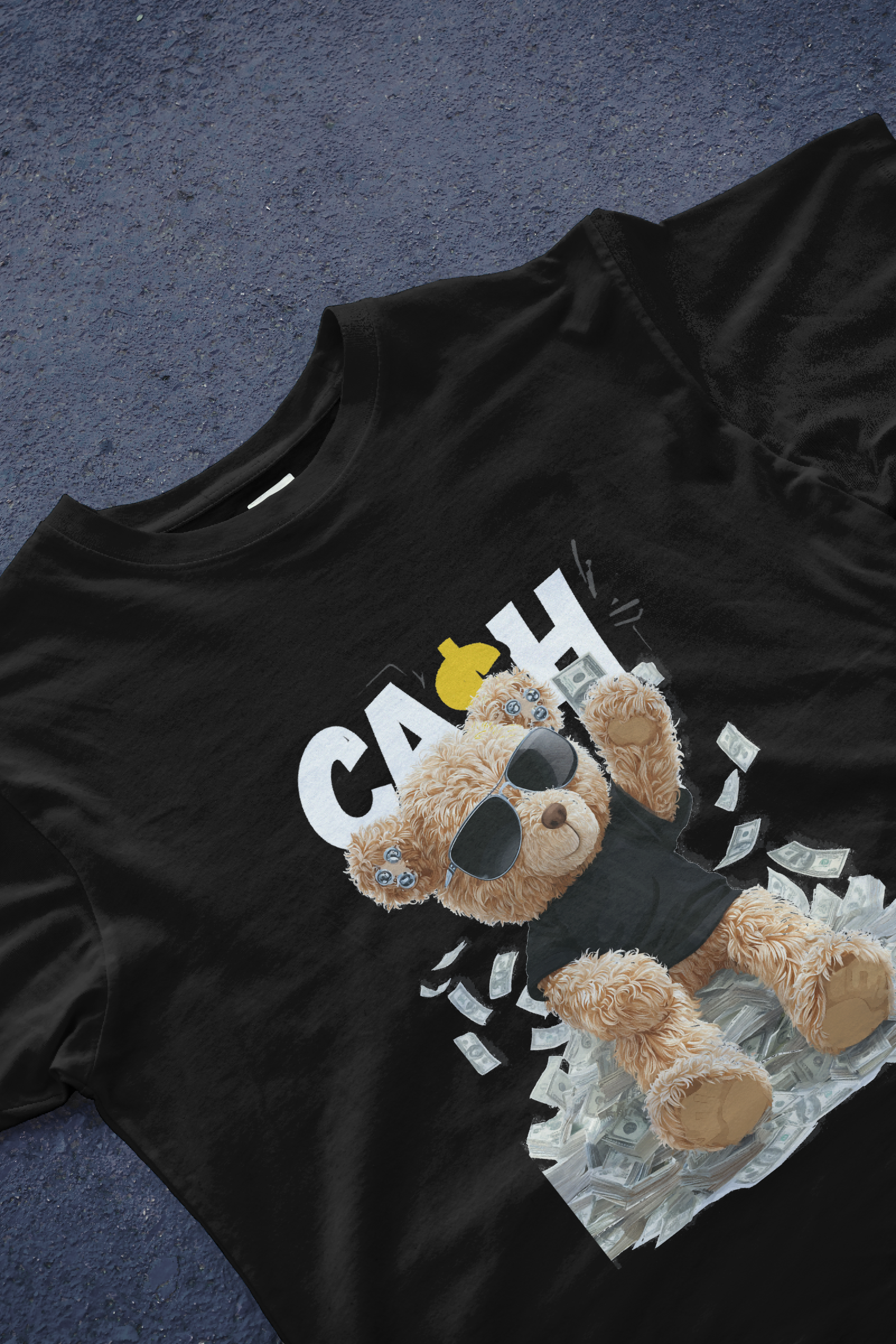 DIYANYONE Original "CASH KING" Teddy Bear Cotton Graphic T-Shirt - Urban Streetwear Style, Anti-Establishment "No King in American" Statement Tee